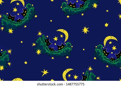 Night sky with stars and black cats peeking from behind the bushes . Seamless doodle pattern. Hand drawn vector color illustration.