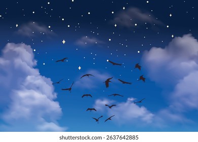 Night sky with stars, clouds, and flying birds in dark blue tones