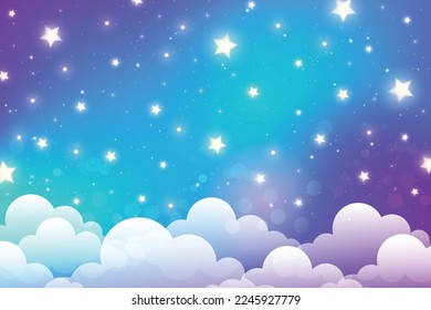 Night sky with stars and clouds. Magical landscape, abstract fabulous pattern. Cute candy wallpaper. Vector cartoon illustration