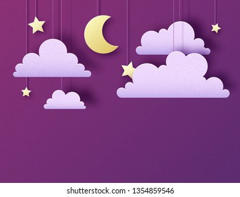 Night sky with stars, clouds and moon. Cut out paper art style design