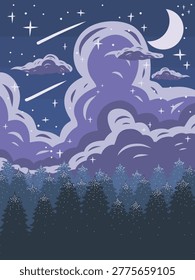 Night Sky with Stars and Clouds Over Forest Illustration