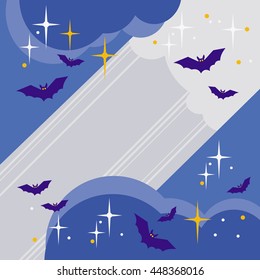 Night sky with stars, clouds and silhouettes of flying bats. Original background for greeting cards, invitations, prints.