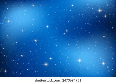 Cielo nocturno con estrellas. Universo de Vector azul oscuro. Brillante cosmos abstracto. Ilustración de galaxia con destellos y luz de las estrellas. Fondo cósmico de invierno celestial