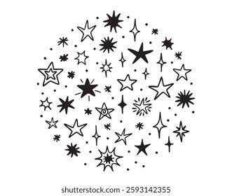 night sky stars doodle element circle shape set. Stars for print, wrapping paper, card, poster, banner. Cosmonautics Day print, astronomy, stars. Vector illustration