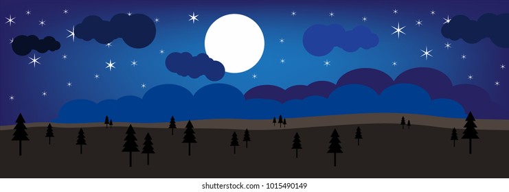 Night Sky with Stars and full moon lanscape vector illustration