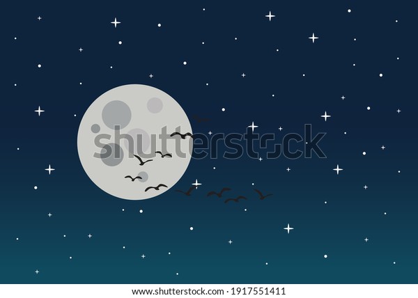 night\
sky with stars, moon and birds illustration\
vector