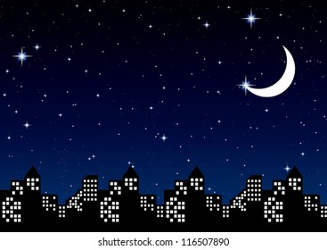 Night Sky With Stars And Moon In City, Vector Illustration