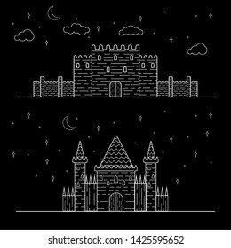 night sky with stars moon and clouds over the fortress and old castle, vector outline illustration
