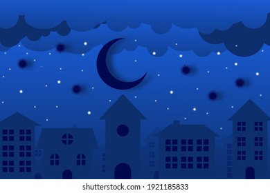 night sky with stars and moon clouds rise in the white city. Vector of a crescent moon with stars on a cloudy night sky. Moon and stars blue night background.