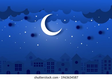 night sky with stars and moon clouds rise in the white city. Vector of a crescent moon with stars on a cloudy night sky. Moon and stars blue night background.