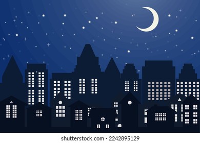 night sky with stars and moon clouds rising in the white city. Vector of a crescent moon with stars on a cloudy night sky. Moon and stars blue night background.