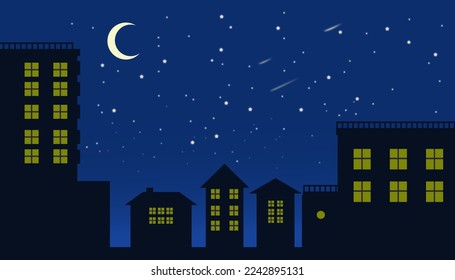 night sky with stars and moon clouds rising in the white city. Vector of a crescent moon with stars on a cloudy night sky. Moon and stars blue night background.