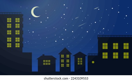 night sky with stars and moon clouds rising in the white city. Vector of a crescent moon with stars on a cloudy night sky. in the night