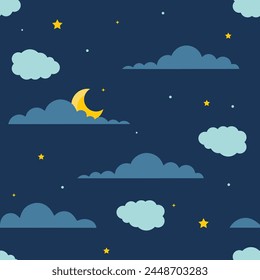 Night sky with stars, moon, clouds. Vector seamless pattern, celestial texture
