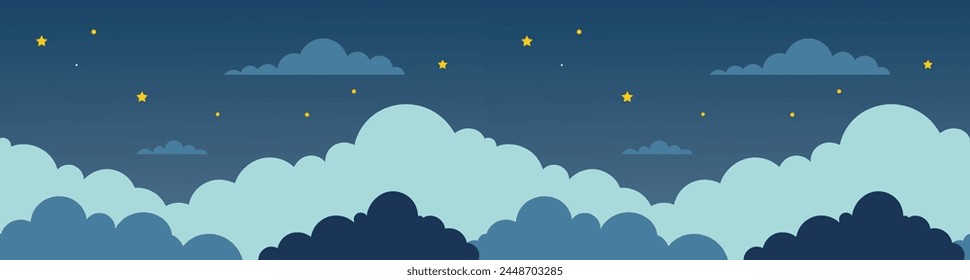 Night sky with stars, moon, clouds. Vector seamless pattern, celestial texture
