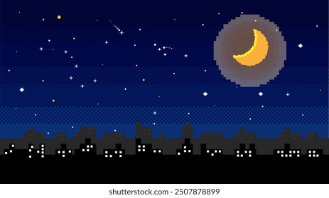 Night sky with stars, moon, clouds in 8 bit style. Vector illustration.