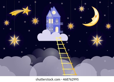 Night sky with stars, moon, clouds and house