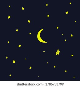 Night sky with stars and moon.
Hand drawn