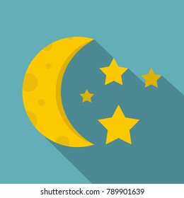 Night sky with stars and moon icon. Flat illustration of night sky with stars and moon vector icon for web isolated on baby blue background