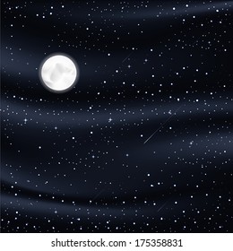 night sky with stars, moon, meteorites