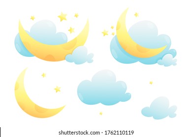 Night sky and stars   moon objects isolated clipart collection for kids  Hand drawn in watercolor style vector clouds moon   stars isolated cartoon 