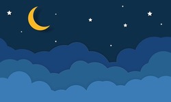 Night Sky With Stars And Moon. Paper Art Style. Dreamy Background With Moon Stars And Clouds, Abstract Fantasy Background. Half Moon, Stars And Clouds On The Dark Night Sky Background.