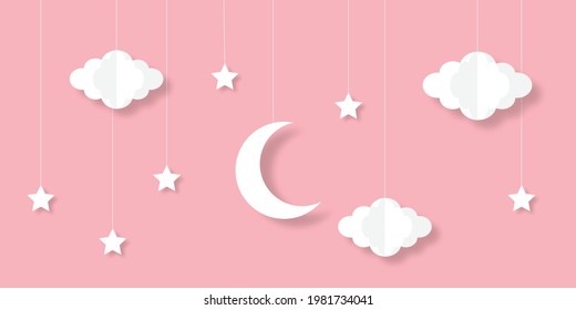 night sky with stars and moon. paper art style. Dreamy background with moon stars and clouds, abstract fantasy background. Half moon, stars and clouds on the dark night sky background. 