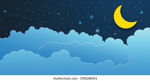 night sky with stars and moon. paper art style. Dreamy background with moon stars and clouds, abstract fantasy background. Half moon, stars and clouds on the dark night sky background. 