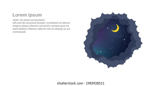 night sky with stars and moon. paper art style. Dreamy background with moon stars and clouds, abstract fantasy background. Half moon, stars and clouds on the dark night sky background. 