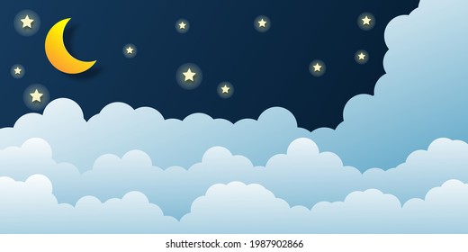 night sky with stars and moon. paper art style. Dreamy background with moon stars and clouds, abstract fantasy background. Half moon, stars and clouds on the dark night sky background. 