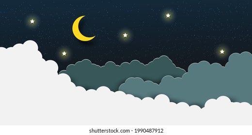 night sky with stars and moon. paper art style. Dreamy background with moon stars and clouds, abstract fantasy background. Half moon, stars and clouds on the dark night sky background. 