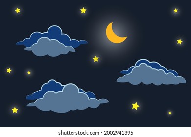 night sky with stars and moon. paper art style. Dreamy background with moon stars and clouds, abstract fantasy background. Half moon, stars and clouds on the dark night sky background. 