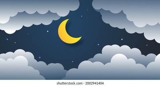 night sky with stars and moon. paper art style. Dreamy background with moon stars and clouds, abstract fantasy background. Half moon, stars and clouds on the dark night sky background. 