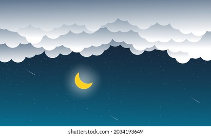 night sky with stars and moon. paper art style. Dreamy background with moon stars and clouds, abstract fantasy background. Half moon, stars and clouds on the dark night sky background. 