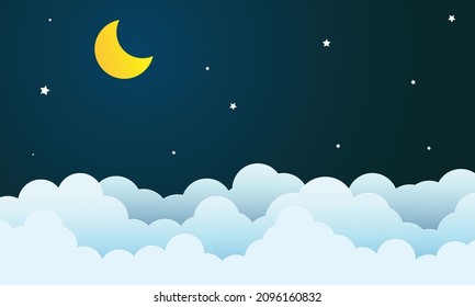 night sky with stars and moon. paper art style. Dreamy background with moon stars and clouds, abstract fantasy background. Half moon, stars and clouds on the dark night sky background.