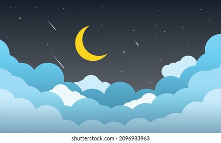 night sky with stars and moon. paper art style. Dreamy background with moon stars and clouds, abstract fantasy background. Half moon, stars and clouds on the dark night sky background.