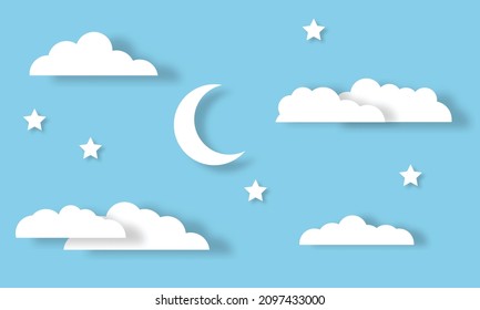 night sky with stars and moon. paper art style. Dreamy background with moon stars and clouds, abstract fantasy background. Half moon, stars and clouds on the dark night sky background.