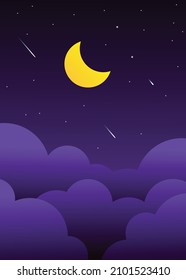 night sky with stars and moon. paper art style. Dreamy background with moon stars and clouds, abstract fantasy background. Half moon, stars and clouds on the dark night sky background.
