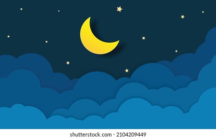 night sky with stars and moon. paper art style. Dreamy background with moon stars and clouds, abstract fantasy background. Half moon, stars and clouds on the dark night sky background.