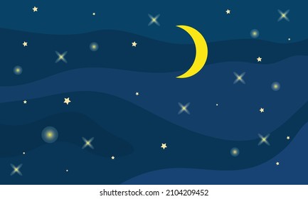 night sky with stars and moon. paper art style. Dreamy background with moon stars and clouds, abstract fantasy background. Half moon, stars and clouds on the dark night sky background.