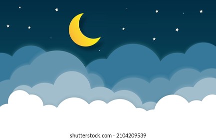 night sky with stars and moon. paper art style. Dreamy background with moon stars and clouds, abstract fantasy background. Half moon, stars and clouds on the dark night sky background.