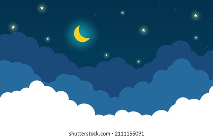 night sky with stars and moon. paper art style. Dreamy background with moon stars and clouds, abstract fantasy background. Half moon, stars and clouds on the dark night sky background.