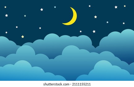 night sky with stars and moon. paper art style. Dreamy background with moon stars and clouds, abstract fantasy background. Half moon, stars and clouds on the dark night sky background.