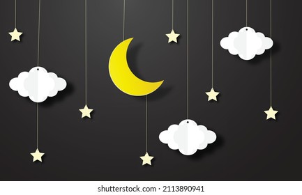 night sky with stars and moon. paper art style. Dreamy background with moon stars and clouds, abstract fantasy background. Half moon, stars and clouds on the dark night sky background.
