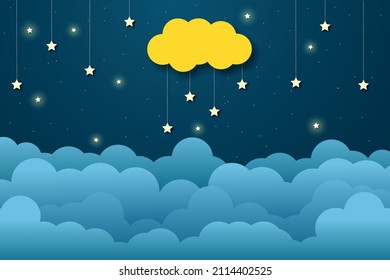 night sky with stars and moon. paper art style. Dreamy background with moon stars and clouds, abstract fantasy background. Half moon, stars and clouds on the dark night sky background.