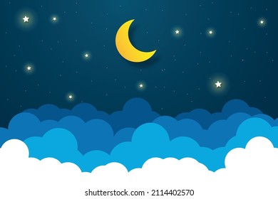 night sky with stars and moon. paper art style. Dreamy background with moon stars and clouds, abstract fantasy background. Half moon, stars and clouds on the dark night sky background.