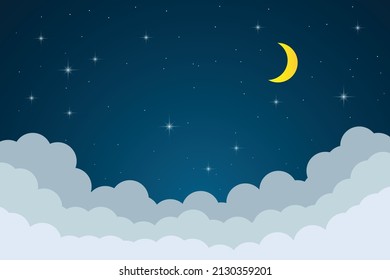 night sky with stars and moon. paper art style. Dreamy background with moon stars and clouds, abstract fantasy background. Half moon, stars and clouds on the dark night sky background.