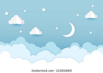 night sky with stars and moon. paper art style. Dreamy background with moon stars and clouds, abstract fantasy background. Half moon, stars and clouds on the dark night sky background.