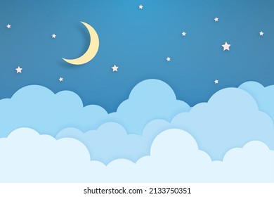 night sky with stars and moon. paper art style. Dreamy background with moon stars and clouds, abstract fantasy background. Half moon, stars and clouds on the dark night sky background.