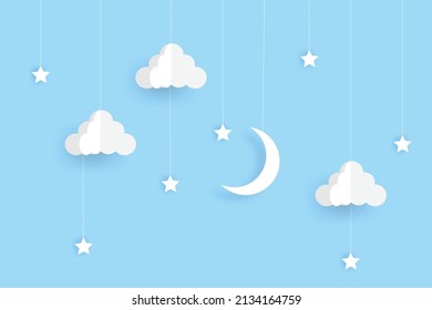 night sky with stars and moon. paper art style. Dreamy background with moon stars and clouds, abstract fantasy background. Half moon, stars and clouds on the dark night sky background.